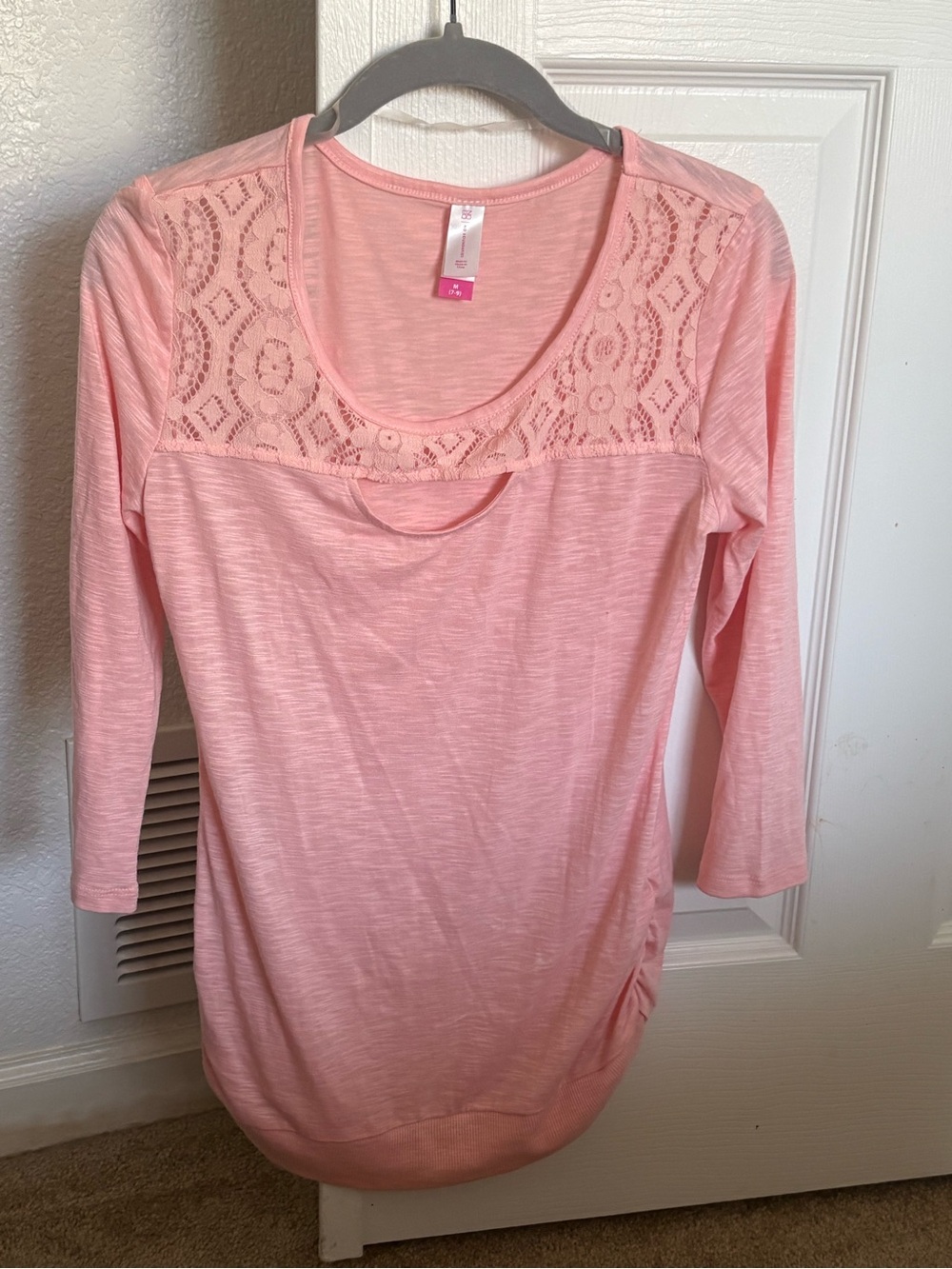 No Boundaries Pink Lace Yoke Long Sleeve Scoop Neck Top